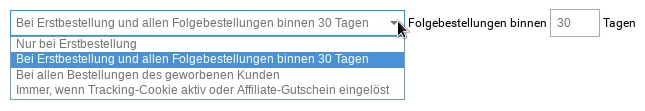 Auswahlfeld mit der Option Bei Erstbestellung und allen Folgebestellungen binnen 30 Tagen sowie Eingabefeld für die Anzahl Tage