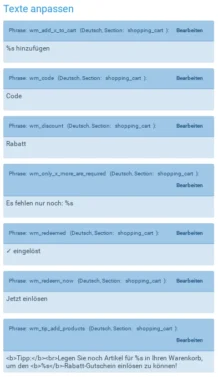 Texte anpassen: Auflistung der Textphrasen mit bearbeiten-Link