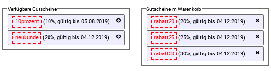 Liste Verfügbare Gutscheine links, Liste Gutscheine im Warenkorb rechts