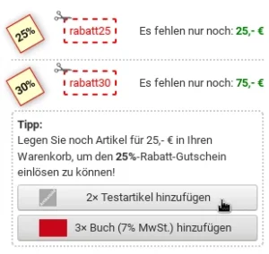 Tipp: Legen Sie noch Artikel für 25,- € in Ihren Warenkorb, um den 25%-Rabatt-Gutschein einlösen zu können! Mauszeiger über einem von 2 Hinzufügen-Buttons.