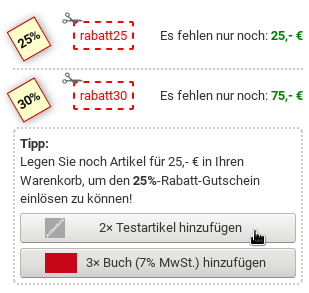 Tipp: Legen Sie noch Artikel für 25,- € in Ihren Warenkorb, um den 25%-Rabatt-Gutschein einlösen zu können! Mauszeiger über einem von 2 Hinzufügen-Buttons.