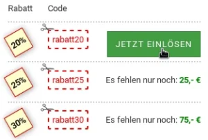 Tabelle mit Rabatt-Codes, Mauszeiger über einem grünen Button mit dem Titel Jetzt einlösen.