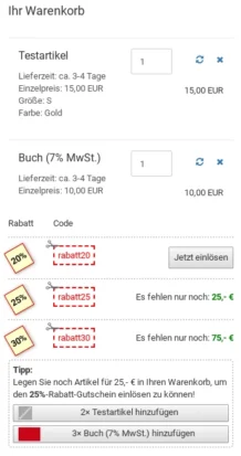 Warenkorb mit Tipp und Hinzufügen-Buttons