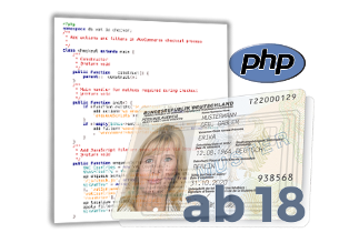 PHP-Script, Muster-Personalausweis mit ab18-Schriftzug und PHP-Logo
