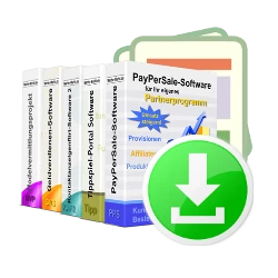 Software-Boxen, Dokument-Clipart im Hintergrund, Download-Icon im Vordergrund