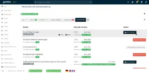Gambio-Modulverwaltung im Adminbereich, gefiltert nach kostenlosen Modulen, mit Buttons zum Installieren bzw. Entfernen einzelner Erweiterungen