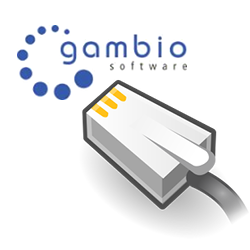 Gambio Shopsoftware mit Netzwerkstecker im Vordergrund