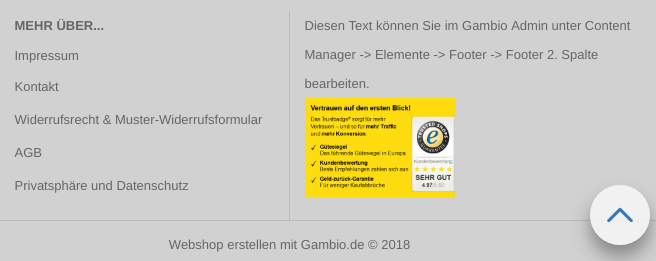 Gambio-Footer mit Impressum, Kontakt, AGB etc. und einem Gütesiegel als Grafik