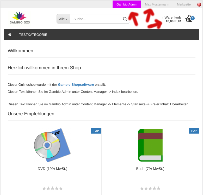 Startseite des Gambio-Onlineshops mit Link in dem Gambio Admin, Name des Kunden und Mini-Warenkorb