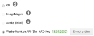 Converer-Auswahl: GD, ImageMagick, cwebp (lokal), Werbe-Markt.de API (Ihr API-Key 11.04.2030)