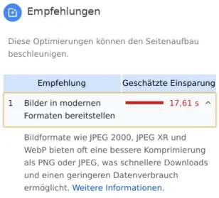 Empfehlungen: Bilder in modernen Formaten bereitstellen, Geschätzte Einsparung: 17,61 s