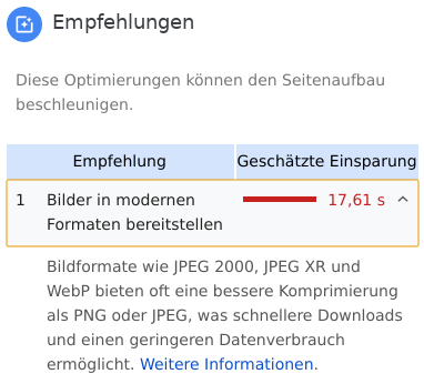 Empfehlungen: Bilder in modernen Formaten bereitstellen, Geschätzte Einsparung: 17,61 s