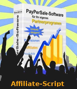 PayPerSale-Software-Box, Silhouette tanzender Menschen und Schriftzug Affiliate-Script