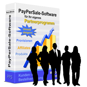 Silhouette von 5 Business-Menschen vor der Partnerprogramm-Softwarebox