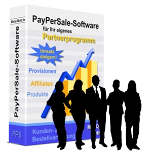 Silhouette von 5 Business-Menschen vor der Partnerprogramm-Softwarebox