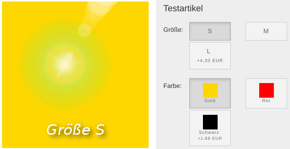 Testartikel mit gewählten Eigenschaften Größe S, Farbe Gold, links daneben das zur Kombination passende Bild