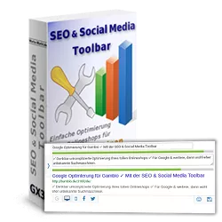 Snippet mit Eingabefeldern und grünen Balken vor der SEO & Social Media Toolbar für Gambio Softwarebox