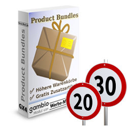 Tempolimit 20 und 30 Straßenschilder vor der Product Bundles Softwarebox