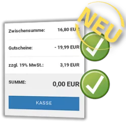 Neu: Zwischensumme: 16,80 EUR, Gutscheine: - 19,99 EUR, zzgl. 19% MwSt.: 3,19 EUR, SUMME: 0,00 EUR Kasse-Button