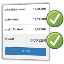 Zwischensumme: 16,80 EUR, Gutscheine: - 19,99 EUR, zzgl. 19% MwSt.: 3,19 EUR, SUMME: 0,00 EUR Kasse-Button