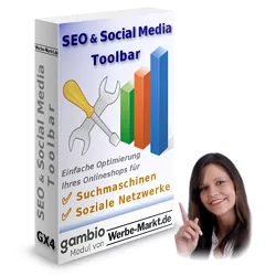 Gesicht einer helfenden Dame vor der SEO & Social Media Toolbar Softwarebox