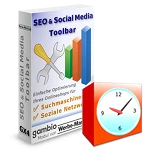Gambio SEO & Social Media Toolbar Softwarebox im Hintergrund, Wecker im Vordergrund