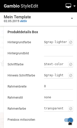 Mauszeiger auf Preisbox mitscrollen im Gambio StyleEdit