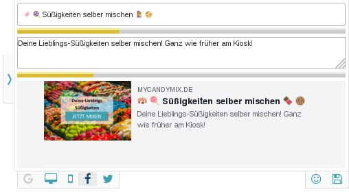 Screenshot der Toolbar mit Eingabefelder fĂŒr Facebook-Titel und Beschreibung