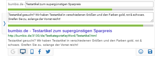 Screenshot der Toolbar mit aktiviertem Tab für die Google-Optimierung, Eingabefelder für Seitentitel und Meta-Description sowie Vorschau-Snippet