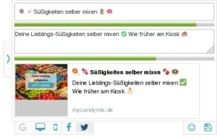 Screenshot der Toolbar, Tab zur Twitter-Optimierung ausgewählt mit Eingabefeldern für Titel und Beschreibung sowie Vorschau-Snippet und Fortschrittsbalken im grünen Bereich