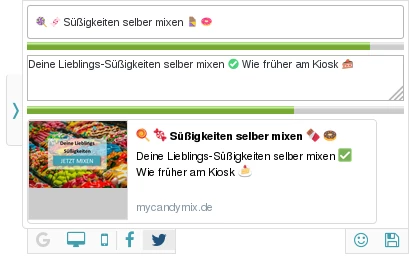 Screenshot der Toolbar, Tab zur Twitter-Optimierung ausgewĂ€hlt mit Eingabefeldern fĂŒr Titel und Beschreibung sowie Vorschau-Snippet und Fortschrittsbalken im grĂŒnen Bereich