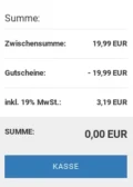 Zwischensumme: 16,80 EUR, Gutscheine: - 19,99 EUR, inkl. 19% MwSt.: 3,19 EUR, SUMME: 0,00 EUR Kasse-Button