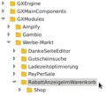 FileZilla-Verzeichnisbaum: GXEngine, GXMainComponents, GXModules, darin Ampify, Gambio, Werbe-Markt mit den Unterverzeichnissen DankeSeiteEditor, Gutscheinsuche, Ladezeitoptimierung, PayPerSale und RabattAnzeigeImWarenkorb