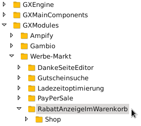 FileZilla-Verzeichnisbaum: GXEngine, GXMainComponents, GXModules, darin Ampify, Gambio, Werbe-Markt mit den Unterverzeichnissen DankeSeiteEditor, Gutscheinsuche, Ladezeitoptimierung, PayPerSale und RabattAnzeigeImWarenkorb
