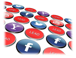 Knöpfe mit Logo von Facebook, Yahoo, Twitter, Youtube und Schriftzug Lead