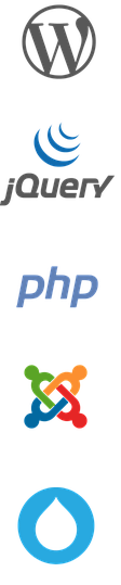 Logos von WordPress, jQuery, PHP, Joomla!, Drupal