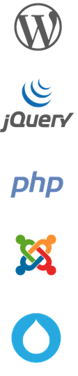 Logos von WordPress, jQuery, PHP, Joomla!, Drupal