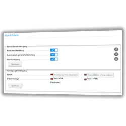 Abo-E-Mails mit Kontrollkästchen Admin-Benachrichtigung: ja, Neue Abo-Bestellung: ja, Automatisch generierte Bestellung: ja, E-Mail-Vorlage zur Abo-Kündigung