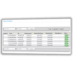 Abos verwalten: Suche nach... in, Filter: aktiv gekündigt beendet, Tabelle mit Bestell-Nr. Kunde Abo Zuletzt berechnet Nächste Abrechnung Mindestlaufzeit Gekündigt zum Status