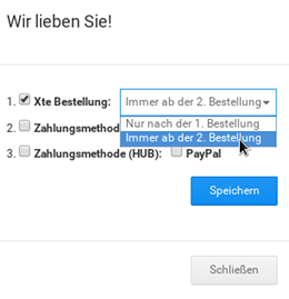 Xte Bestellung: Auswahlfeld mit Optionen "Nur nach der 1. Bestellung" und "Immer ab der 2. Bestellung", Mauszeiger auf letzterem