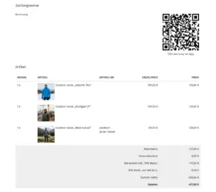 Bestellinformationen im Kundenmenü mit Zahlungsweise Rechnung und QR-Code für die Überweisung via App