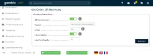 GiroCode/QR-Rechnung-Einstellungen im Gambio-Backend für die Bestellung-Danke-Seite: QR-Code anzeigen aktiviert, Position Nach anderen Erweiterungen, Größe 250, Label anzeigen aktiviert, Label Schriftgröße 16