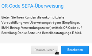 QR-Code SEPA-Überweisung, Mauzeiger auf Deinstallieren-Button