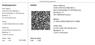 Empfangsschein und Zahlteil einer QR-Rechnung mit QR-Code und Beispieldaten