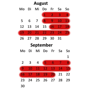 Kalender 2019, rot hinterlegt: 1. - 4. August, 8. - 11. August, 16. - 25. August, 5. - 20. September