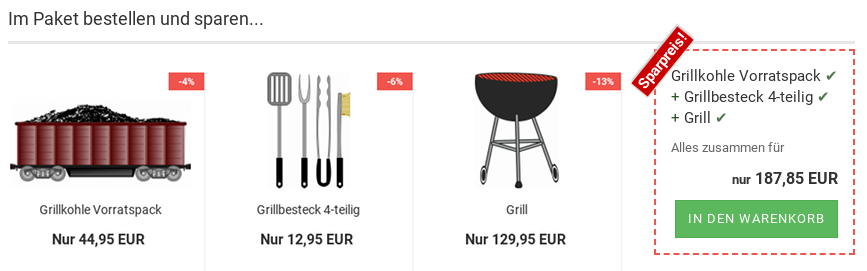 Im Paket bestellen und sparen...Grillkohle Vorratspack Grillbesteck 4-teilig Grill Alles zusammen für nur 187,85 EUR - In-den-Warenkorb-Button