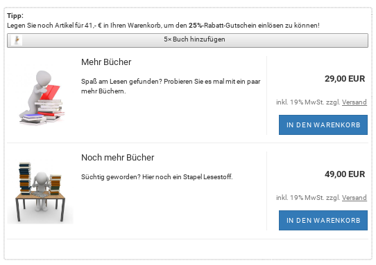 Cross-Selling-Artikel "Mehr Bücher" und "Noch mehr Bücher" im Warenkorb