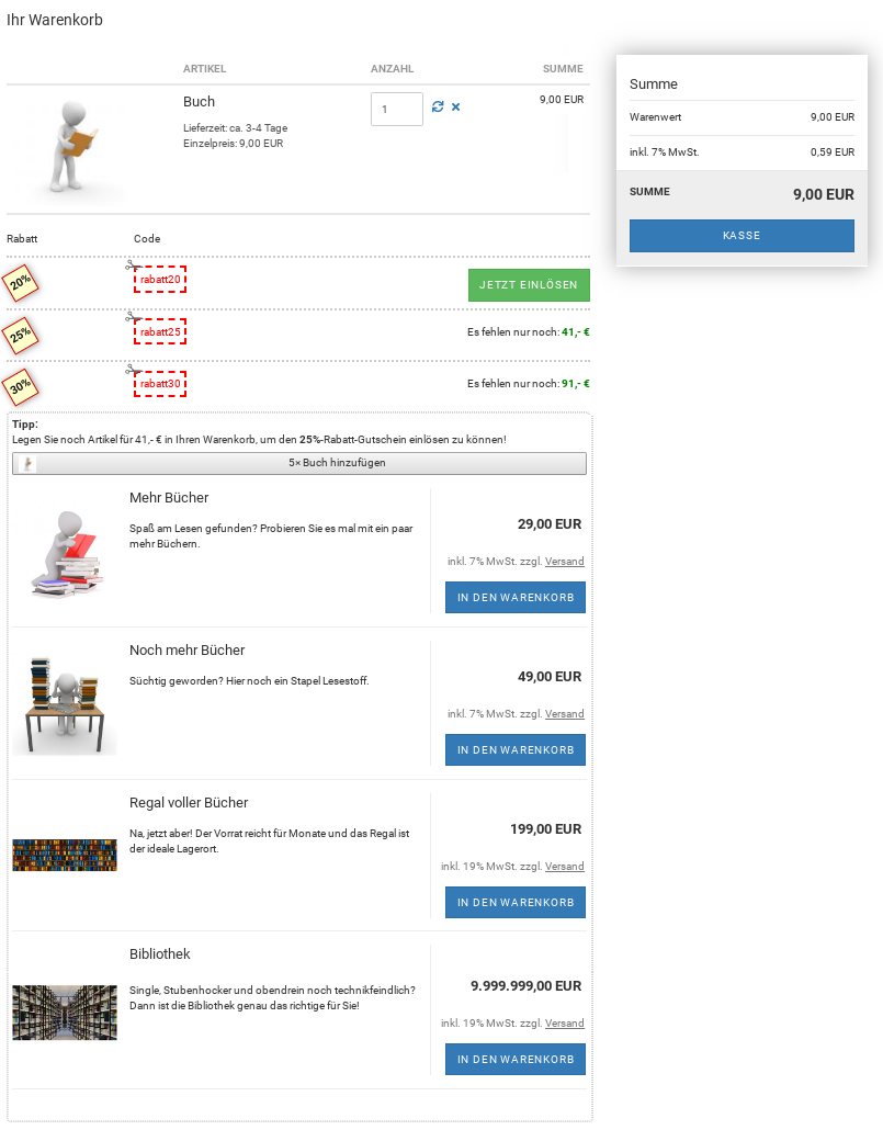 Screenshot Warenkorb in Gambio mit Cross-Selling-Angeboten
