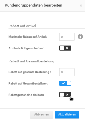 Kundengruppendaten bearbeiten: Rabattgutscheine einlösen mit Mauszeiger über deaktiviertem Kontrollkästchen