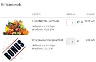 Ihr Warenkorb: 1x Früchtekorb Premium, 1x Kostenloser Bonusartikel